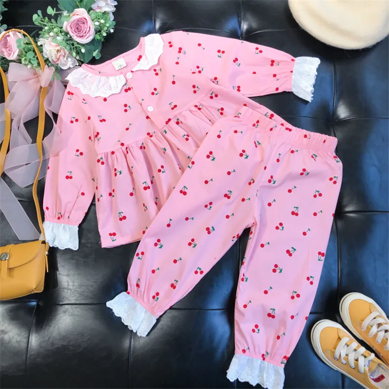 Baby Girl Lace Pajamas Set Cotton Shirt+Pant 2PCS Spring Summer Child Sleepwear Button Long Sleeve Baby Home Lounge Suit Clothes