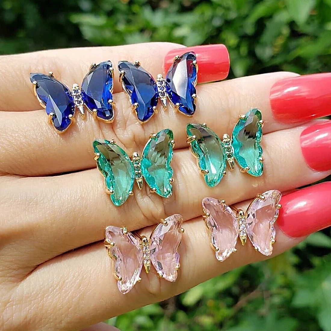 New AAA Cubic Zircon Elegant Crystal Butterfly Stud Earrings for Women Simple Style Candy Color Insect Earrings