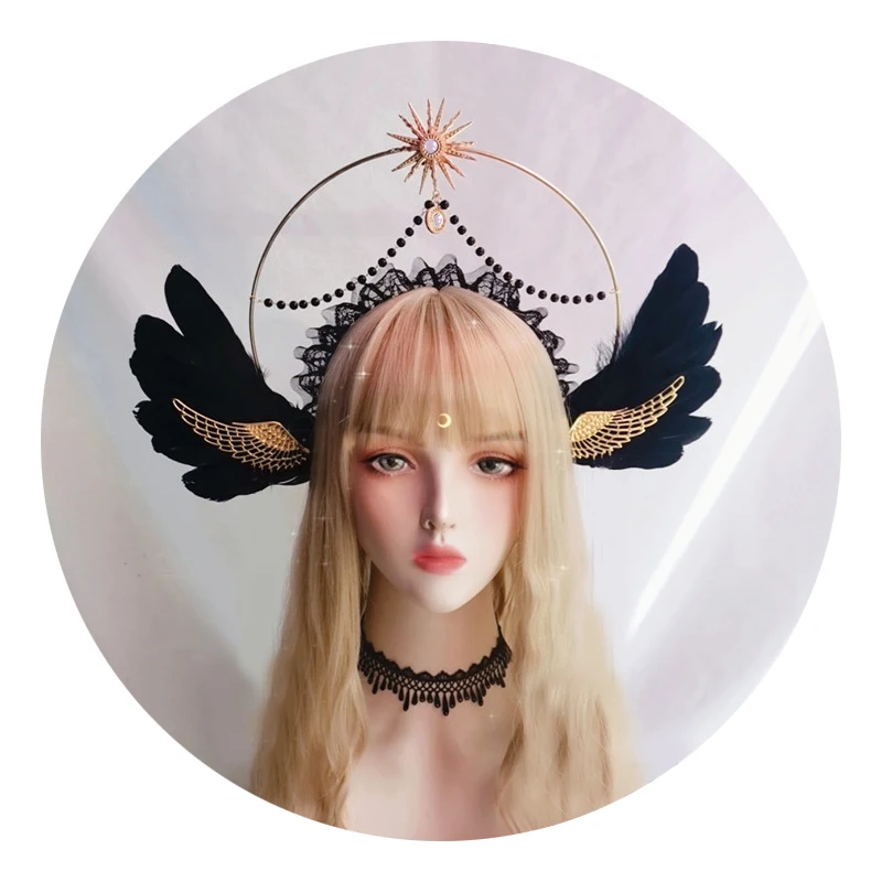 DIY Kit White Rose Angel Feather Wings Goddess Sun Halo Crown Headband Vintage Mary Bead Chain Tiara Headwear Photoshoot