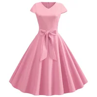 Women Summer Vintage Dress With Belt Short Sleeve V neck Elegant Retro Swing Party Dresses - Image 3
