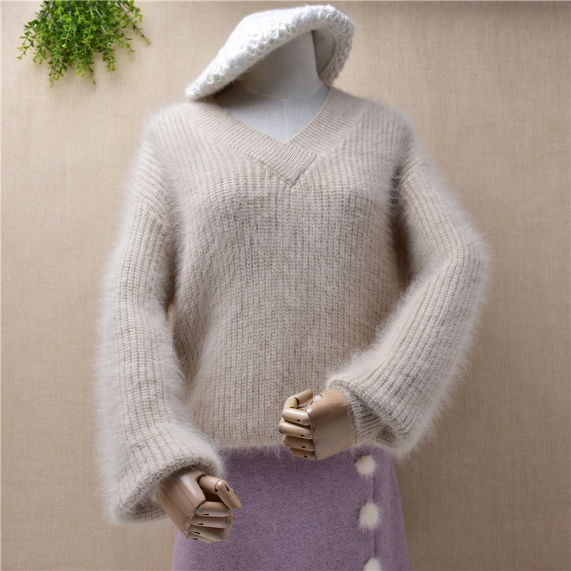 ladies women fashion hairy o-neck mink cashmere knitted long sleeves slim pullover angora rabbit fur winter jumper sweater tops