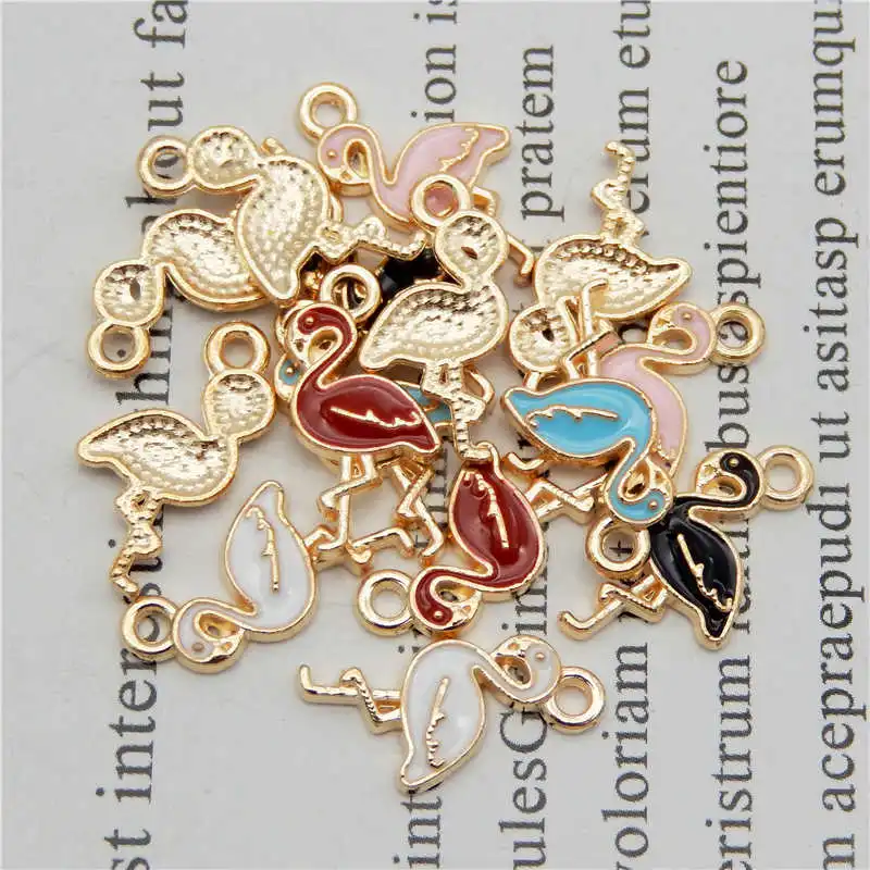 Julie Wang 10PCS Enamel Flamingo Charms Mixed 5 Colors Small Bird Animal Pendants Alloy Jewelry Making Accessory