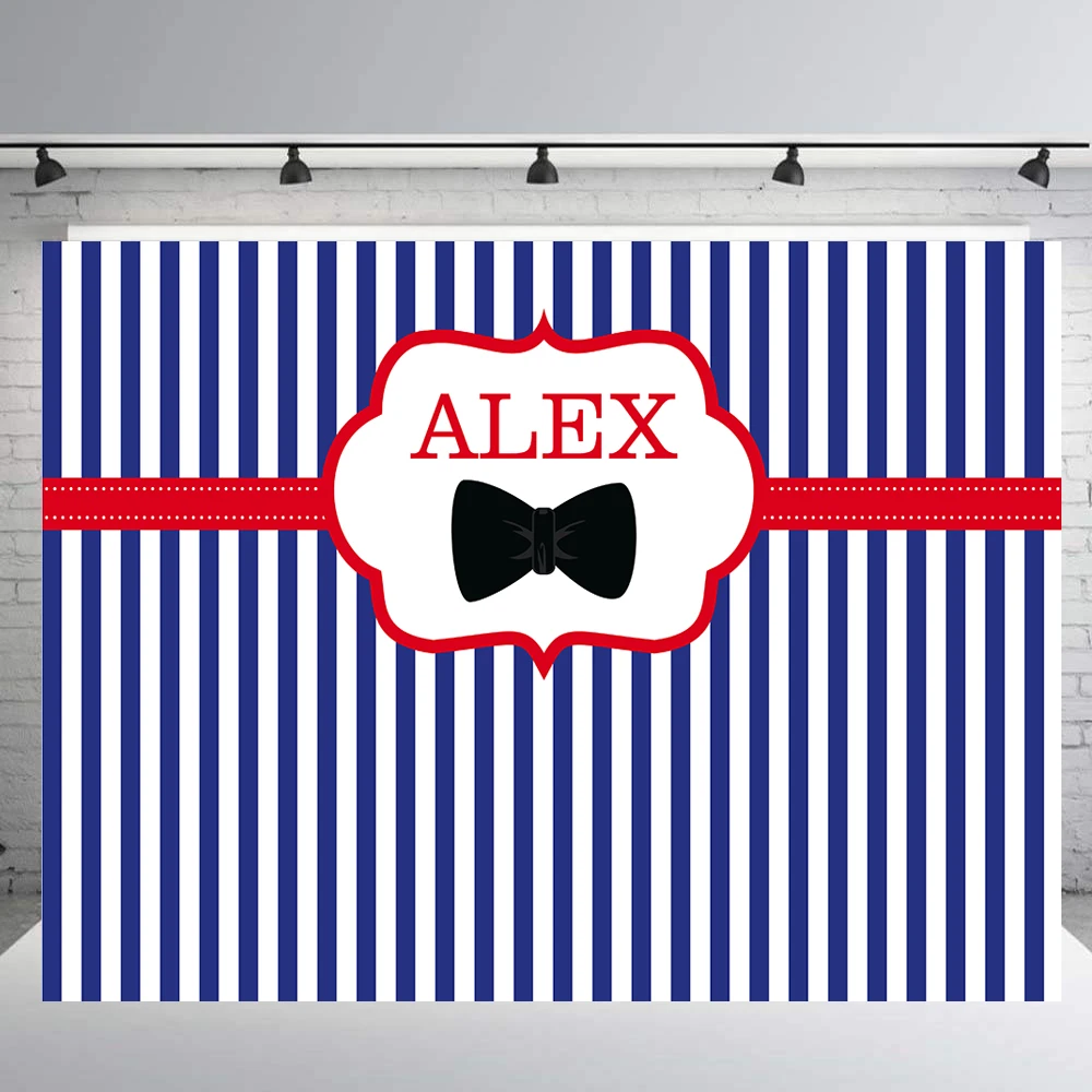 

Blue and white stripes baby shower backdrop custom little man bow tie mustache 1st birthday party decoration background B-404