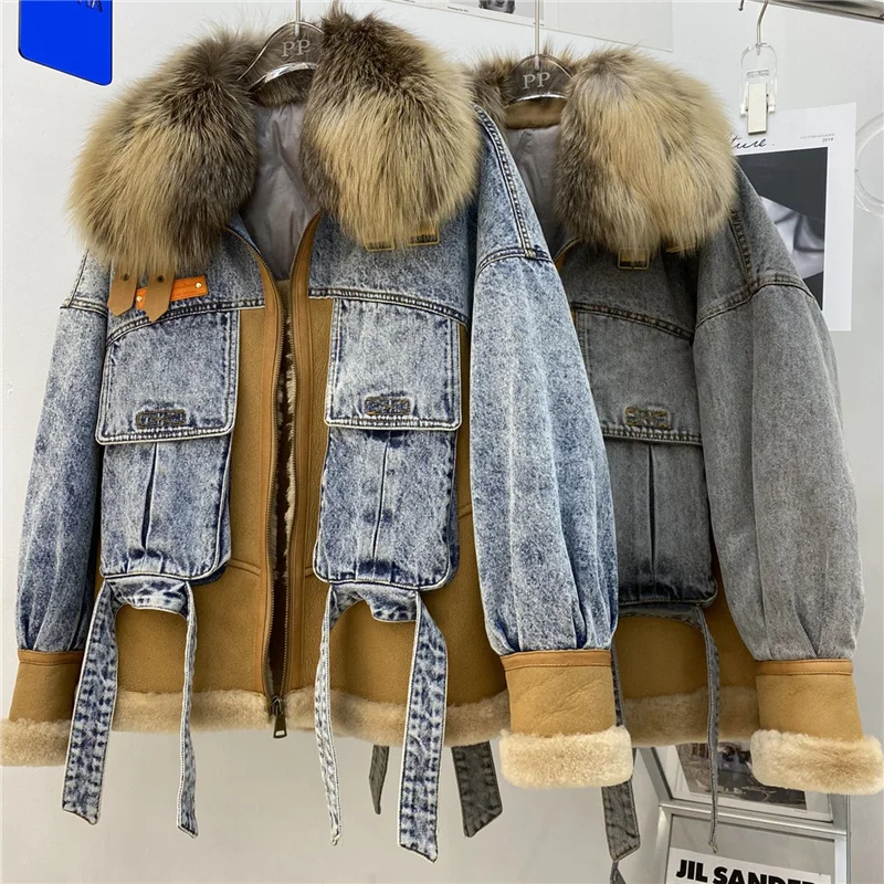 Coat Women High Quality Double Faced Sheep Patchwork Denim Real Fox Fur Collar Loose Winter Jacket