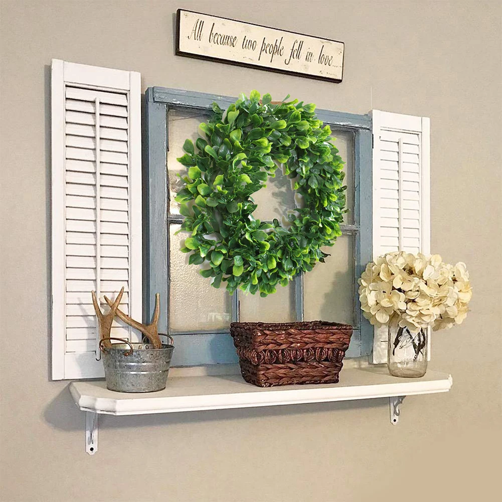 42cm Artificial Green Leaves Wreath Front Door Wreath Shell Grass Boxwood Wreath For Wall Window Party Decor Free shipping