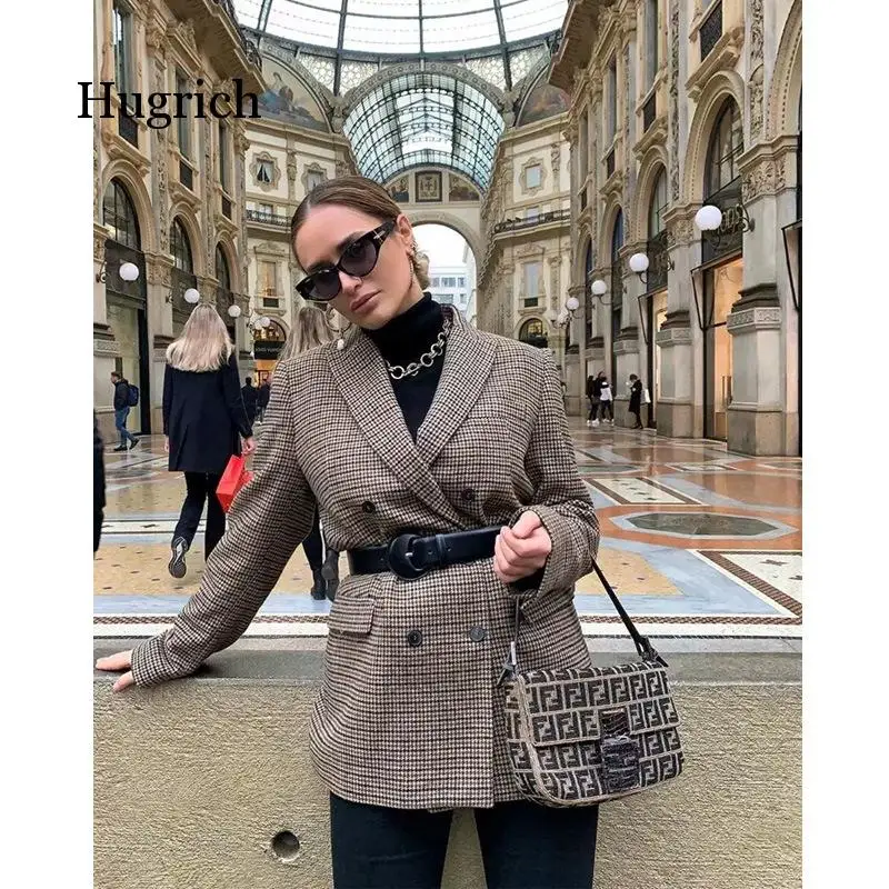 Women Stick Winter Double Breasted Suit Jacket Office Ladies Vintage Plaid Blazer Pockets Work Wear Tops