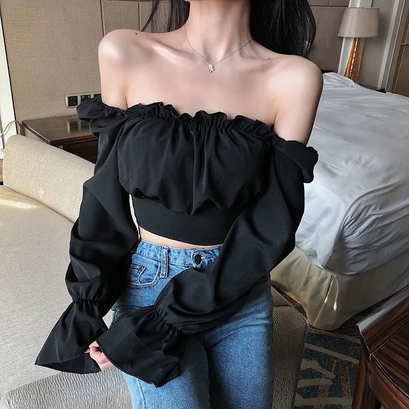 Blouses Women Black Puff Sleeve Sexy Ladies Lovely Trendy Slim Cropped Top Summer New Arrival Square Collar Chiffon Elegant Ins