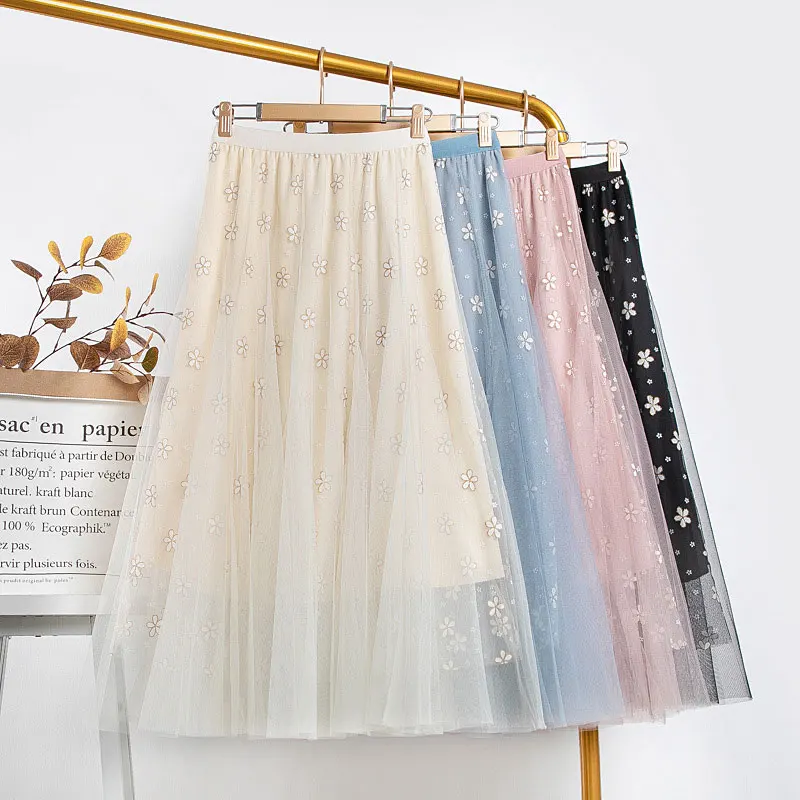 

2021 Spring Woman Skirts High Waist Floral Print Mesh Skirts Women A-Line Pleated Skirts Solid Mujer Faldas Femme Jupes Outwear