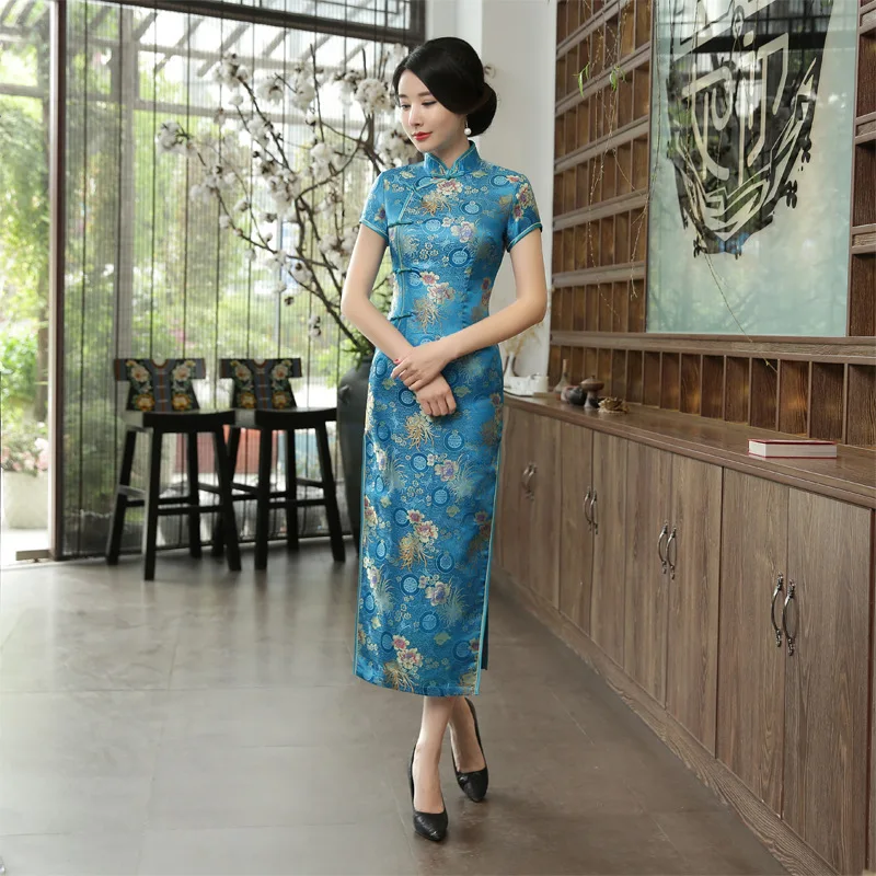 

Lake blue Cheongsam Oriental Costume Dress Women's Traditional Dress Chinese flower Cheongsam Long Chinese Dress Size S-3XL