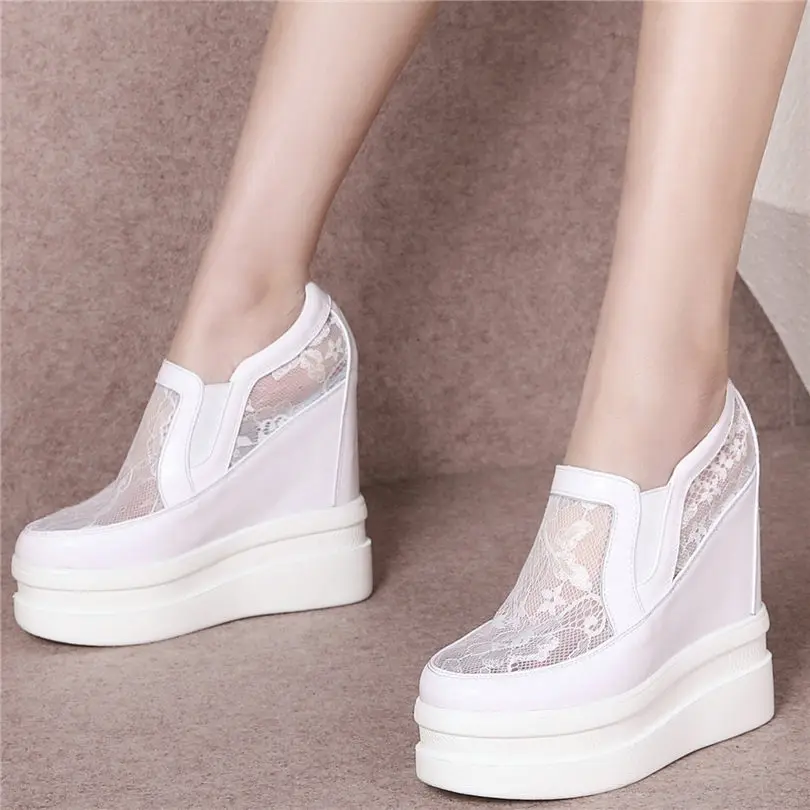 

Black White Women Cow Leather Platform Wedges Sports Sandals Summer Breathable Super High Heel Pumps Round Toe Fashion Sneakers