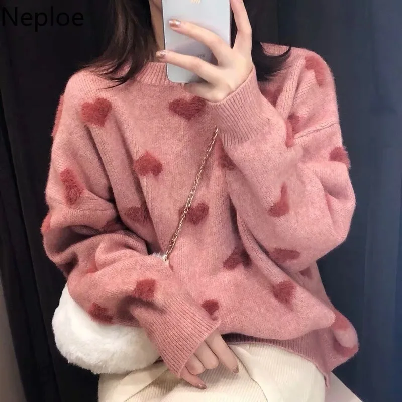 Neploe Imitation Water Velet Print Winter Clothes Pink O Neck Pullover Heart Pattern Sweater Women Warm Long Sleeve Sueter 47733