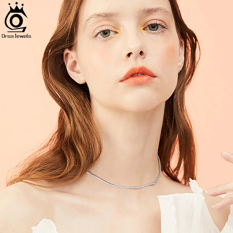 ORSA JEWELS 2mm 3mm Tennis Necklace S925 Silver Sparking White CZ Choker Necklaces Zirconia Diamond Choker Extended Chain SC45
