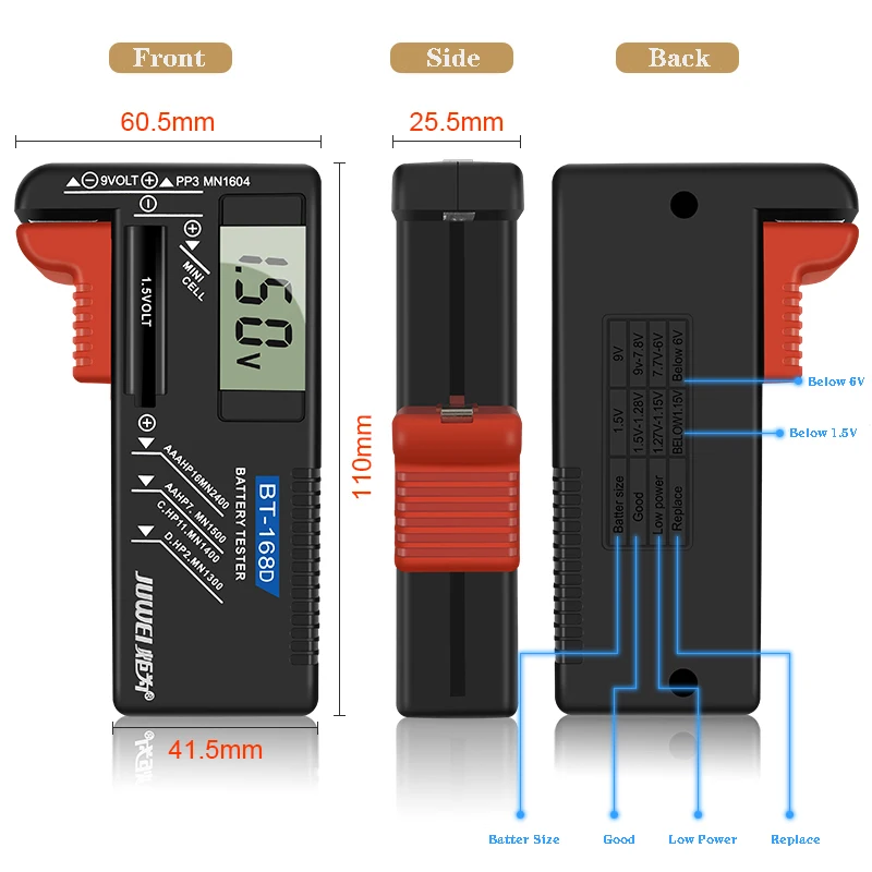 BT-168D Lcd-scherm Aa/Aaa/C/D/9V/1.5V Batterijen Universele Knoopcel batterij Colour Coded Meter Geven Volt Tester Checker