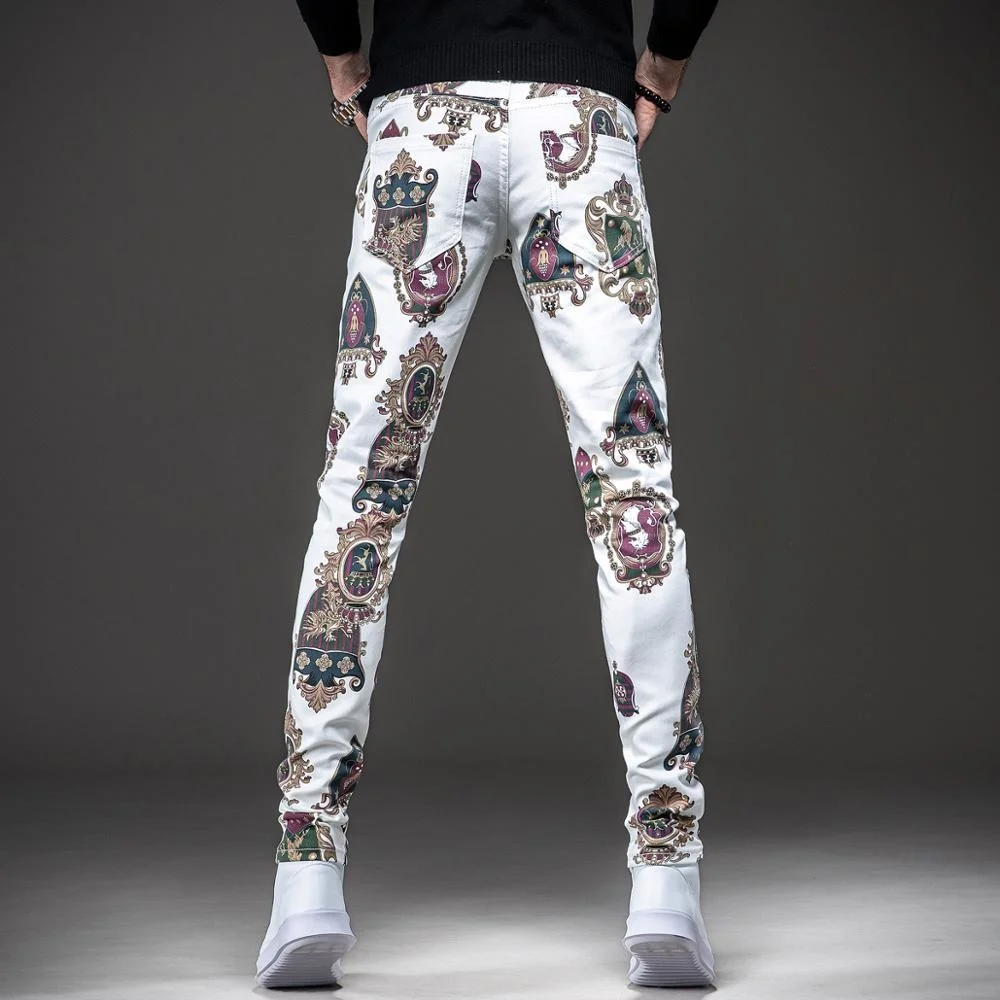 Clássico masculino cavalo leão impresso jeans floral colorido desenho estiramento denim calças de ajuste fino nightclub moda calças