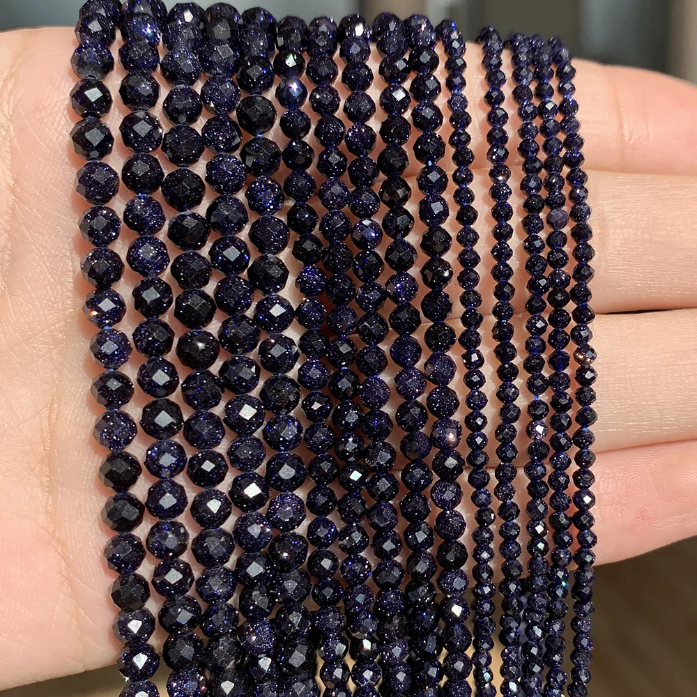 Natural Blue Sandstond 2/3/4mm Faceted Mineral Loose Beads for Jewelry Making DIY Christmas Gift Bracelets 15\'\' Tiny Stone