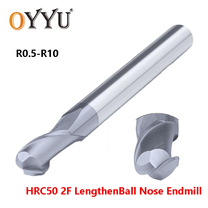 

OYYU Lengthened Ball Nose End Mills Router Bit CNC Tungsten Steel Milling Cutter HRC50 2 Flute 75/100/120/150 Long Endmill