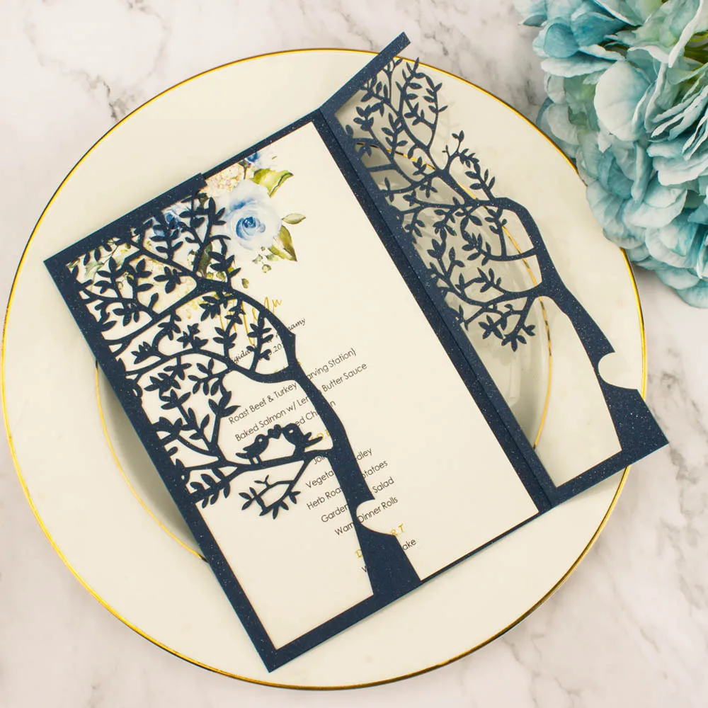 1X Laser Cut White Red Navy blue Gold Gray Tree Gate fold Wedding Invitations Cards Party Invite Bridal shower Greeting Birthday
