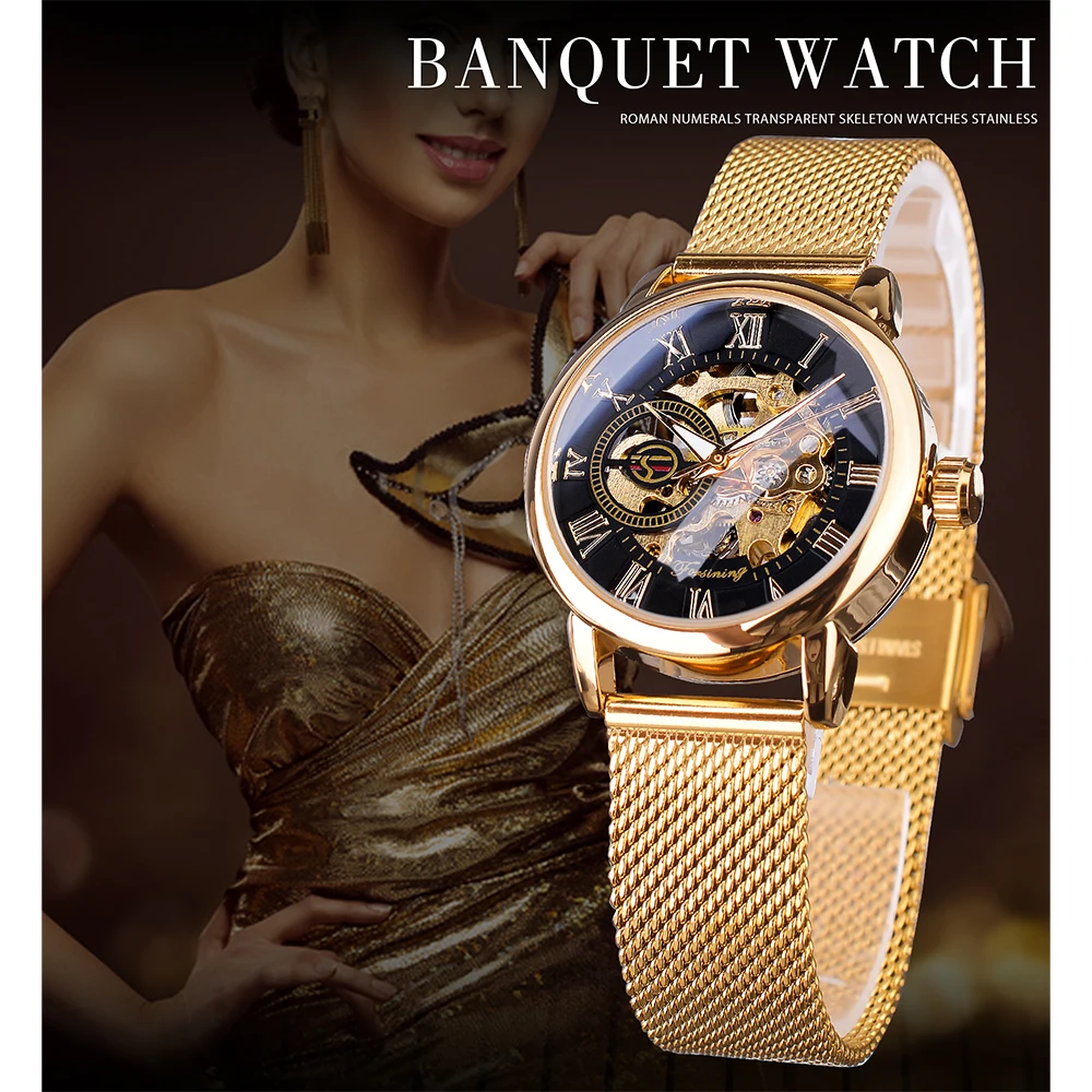 

Forsining Fashion Women's Luxury Golden Mechanical Watch Roman Numerals Transparent Skeleton Watches Stainless Steel Clock