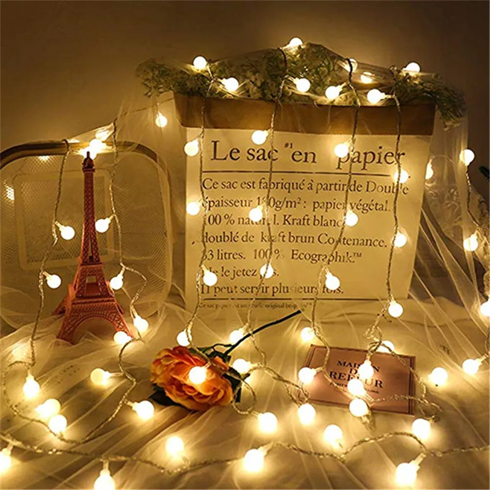 Impermeável LED String Light, Lâmpada USB, Bola Chain, Iluminação do feriado, Casamento, Natal, ao ar livre, 3m, 5m, 10m