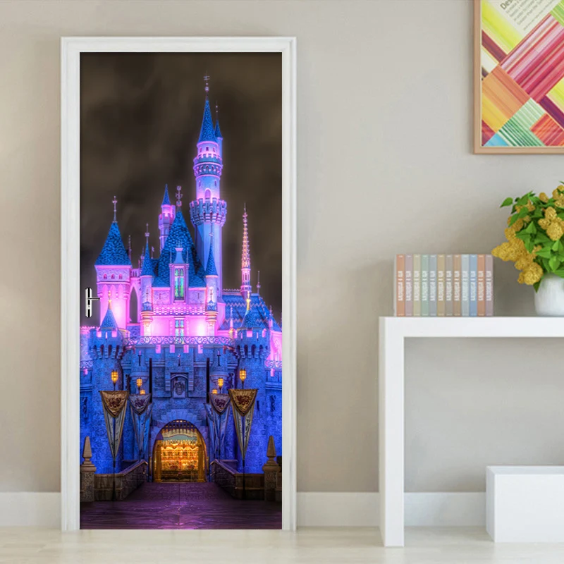 

3D Purple Castle Night View Door Stickers Window Vinyl Sticker Allah PVC Self-adhesive Wallpaper Decor Removable Mural Poster