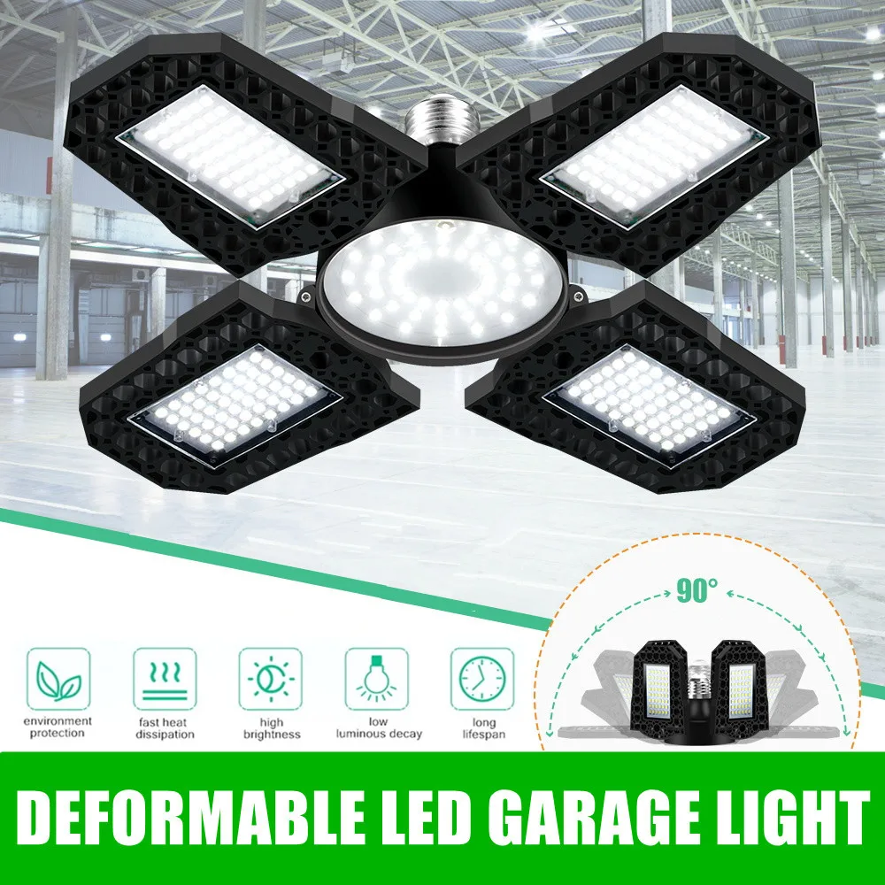 LED Garage Light High Bay Workshop Warehouse Ceiling Light Bulb E27 Angle Adjustable 4 Leaf Deformable Industrial Lamp