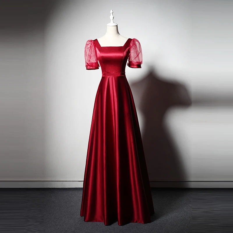 

Evening Dress Square Collar Short Sleeves A-Line Ruched Floor-Length Vintage Lace Up Burgundy New Party Formal Gown Woman B502