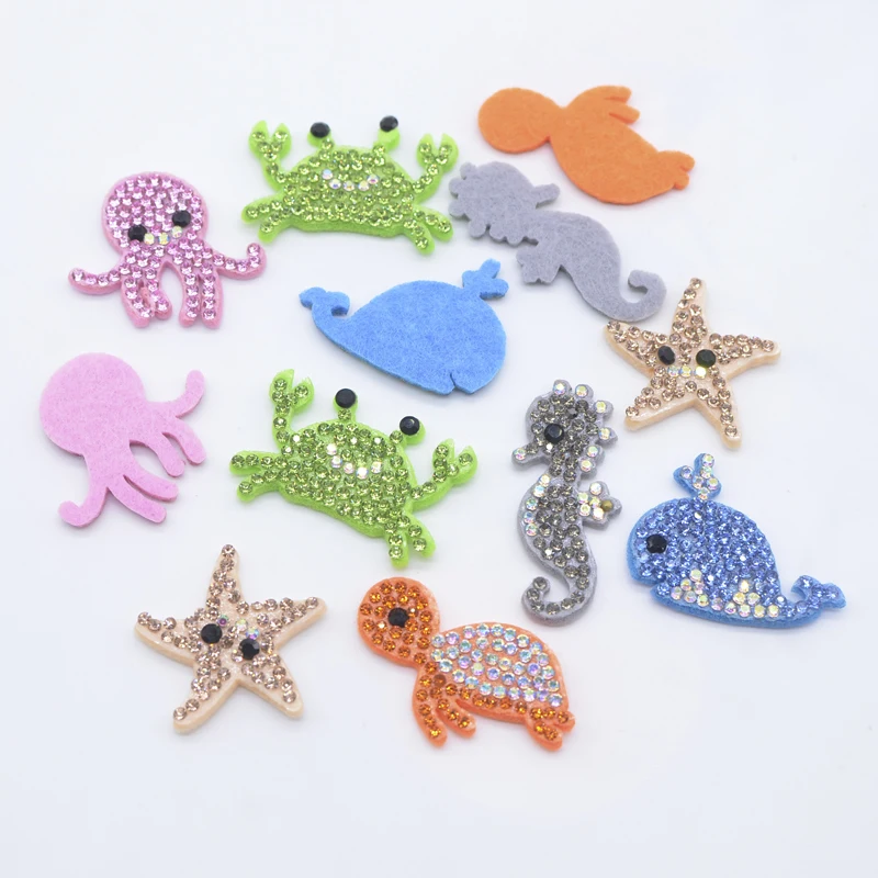 12Pcs Sea Starfish Octopus Whale Turtle Crab Hippocampus Rhinestone Patches for DIY Clothes Hat Headwear Hair Clips Bow Decor