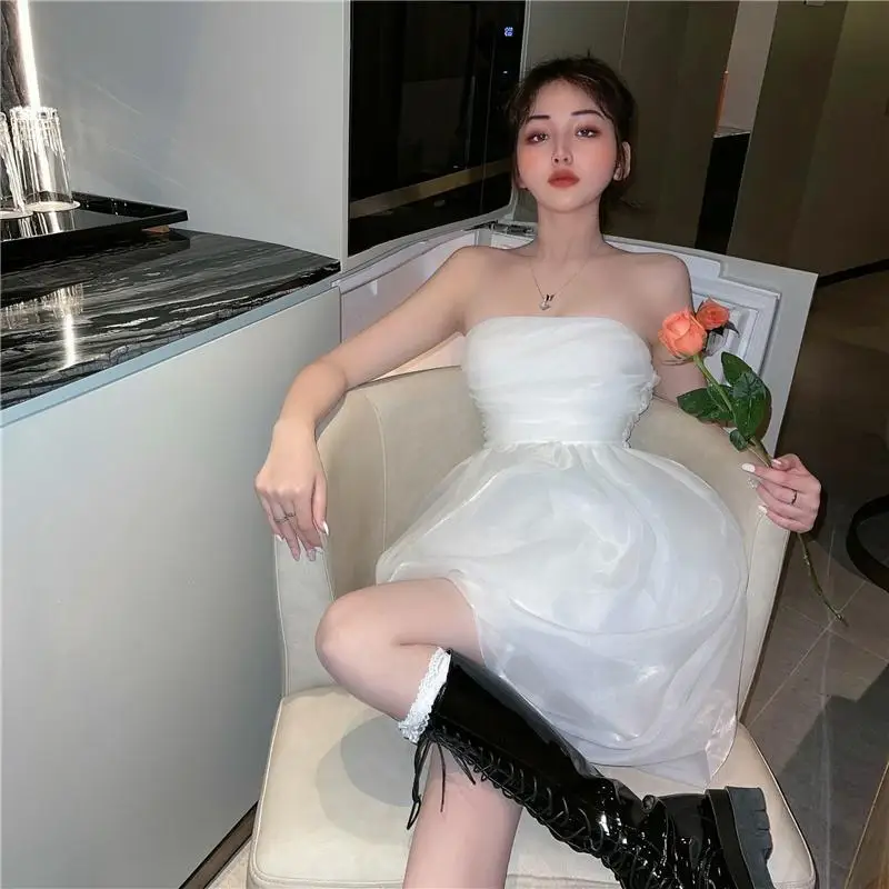 White Mesh Mini Dress Women Sexy Strapless Korean Slim Fairy Dress Female 2021 Summer Elegant Beach Party Princess Sweet Dress