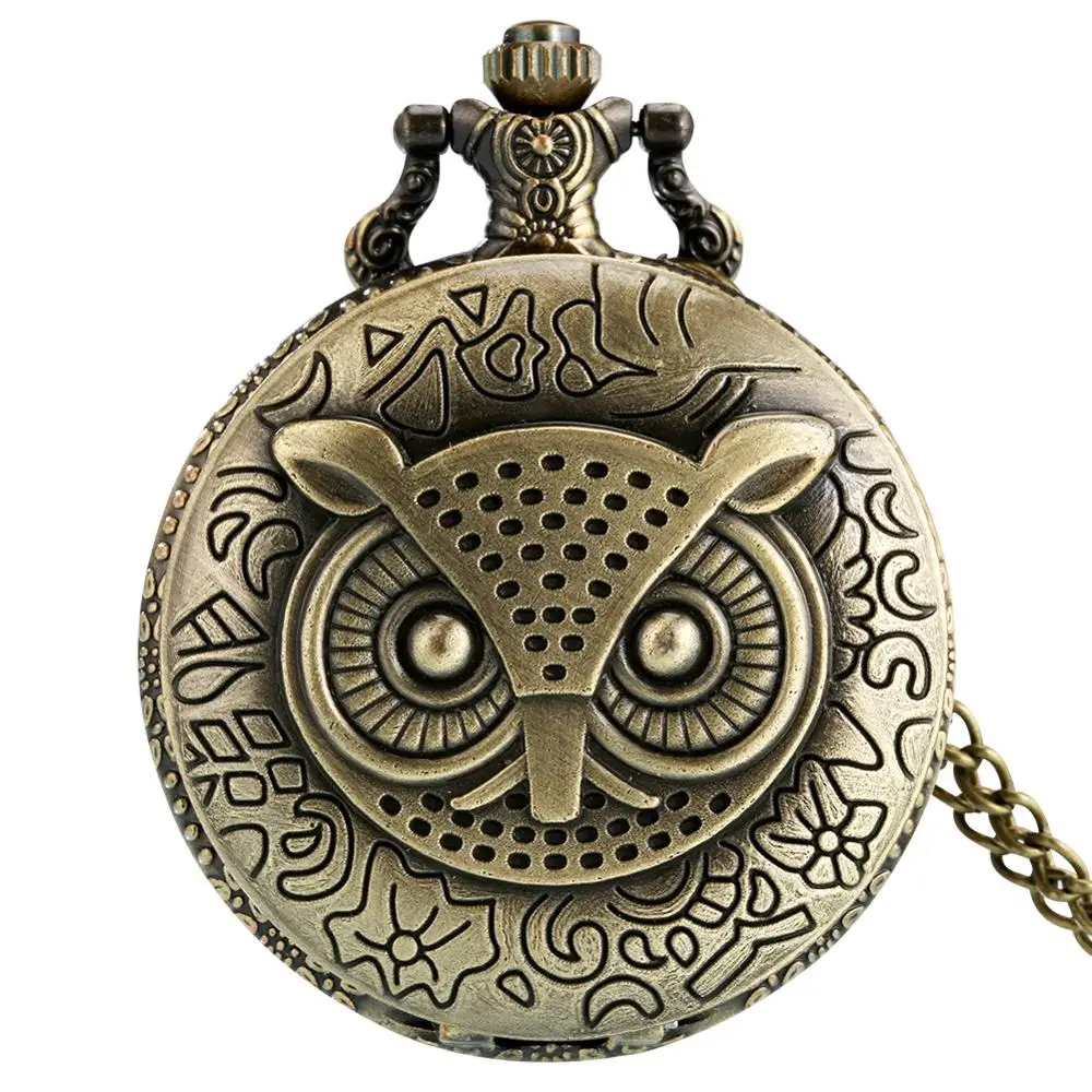 Bronze 3D Night Owl Carving Quartz Pocket Watch Men Watches Antique Necklace Chain Good Quality Best Pendant Gift For Men Women