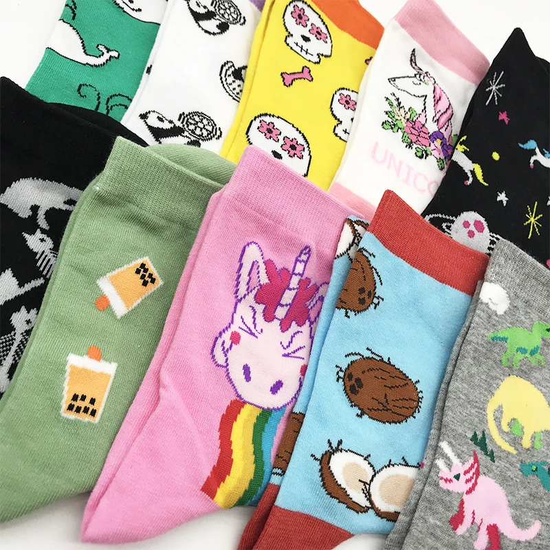 Fashion Colorful Cute Soft Novelty Cotton Women Socks Cartoon Kawaii Funny Unicorn Milk Skull Cat Dinosaur Pink Sock Girl Gift