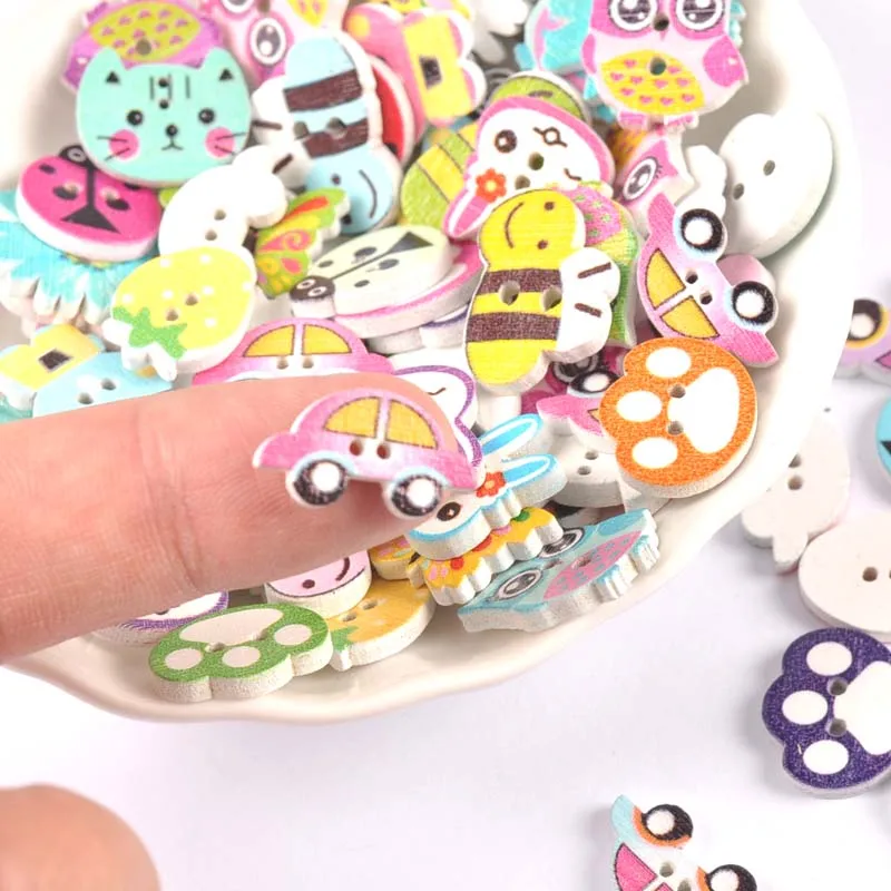 50pcs Mixed Mini Wood Animal Buttons Handmake Scrapbooking Crafts Sewing Clothing Accessories Cartoon Dog Cat Painted mt2660