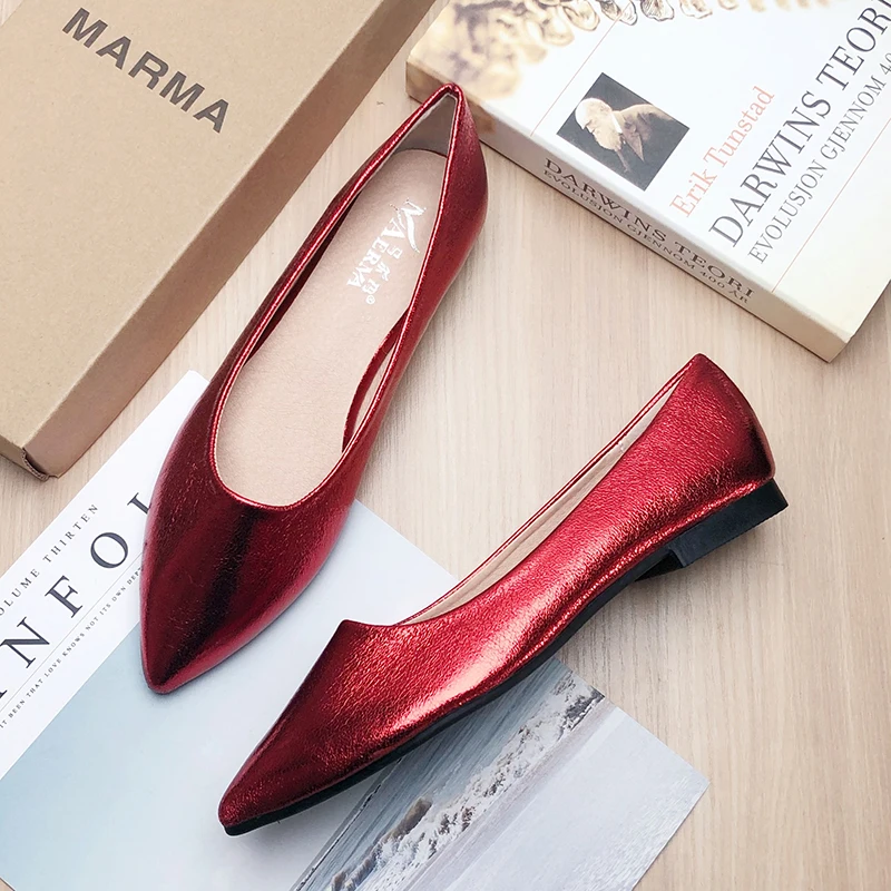 Women Flats Women\'s Pointed Toe Shallow Mouth Wedding Bridal Shoes Red Wedding Shoes Rose Red Black Ballet Flats for Ladies