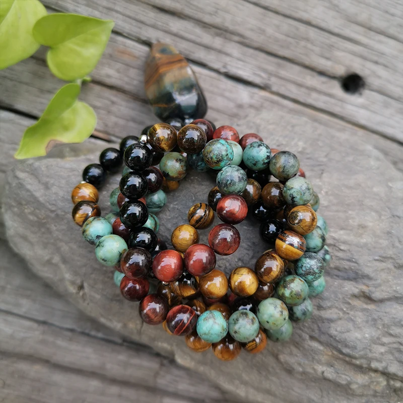 8mm Natural Stone Bead,African Turquoise,Tigers Eye,Awaken,JapaMala Set,Spiritual Jewelry,Meditation,Inspirational,108 Mala Bead