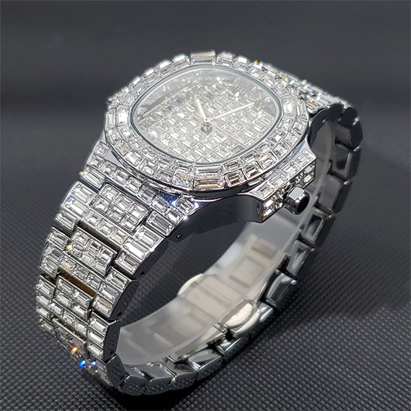 Hip Hop Full Diamond Men\'s Watches Luxury Iced Out Quartz Wtach Bling Silver Stainless Steel Waterproof Male Clock Dropshipping