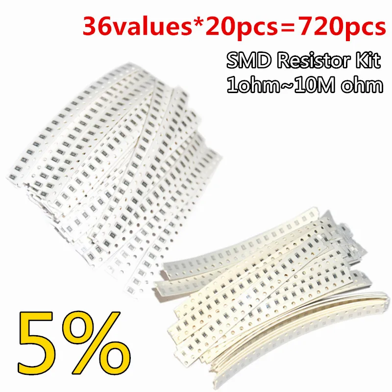 36Values*20pcs=720pcs 0603 0805 1206 SMD Resistor Kit Sample bag 1/4W 0.25W 5% 1ohm~10M ohm  SMD Assorted Kit 1R 1K 100K 3.3 1M