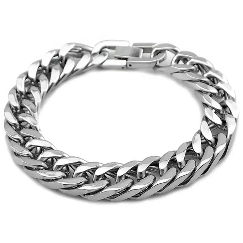 Fashion 15mm Metal Stainless Steel Silver Color Double Cuban Curb Chain Jewelry Mens Womens Bracelet Bangle 7-11inch