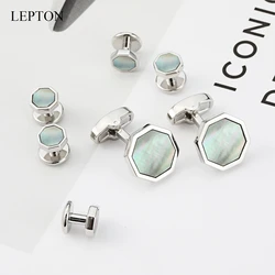 Hot Sale Mother of Pearl Cufflinks Tuxedo Studs Sets For Mens Suit Formal Wear Lepton Cufflink Collar Studs Cuff Links Best Gift