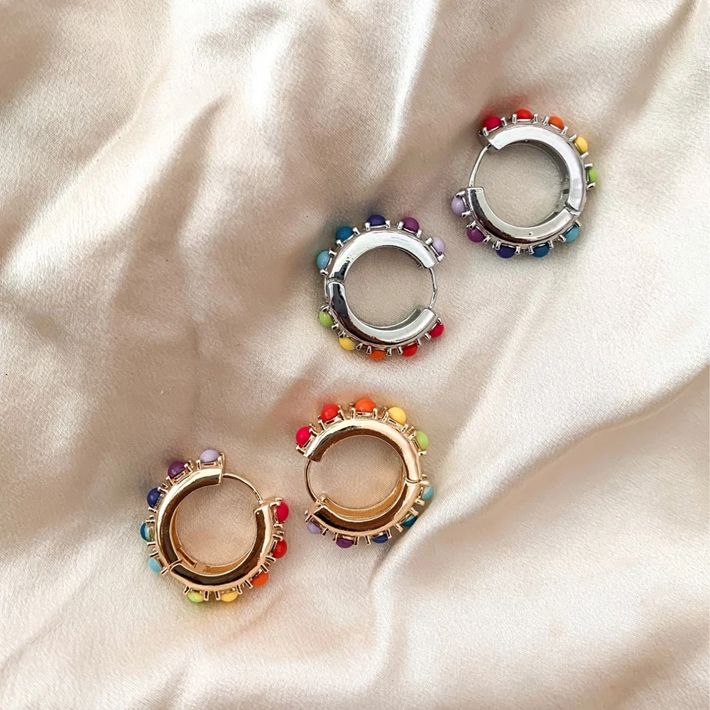 1 pçs nova moda multicolorido grânulo brincos de argola moda feminina elegante redondo banhado a ouro forma brincos boho festa jóias