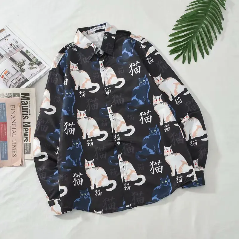 2021 Summer Men\'s Shirts Korean Fashion Harajuku Streetwear Long Sleeve Shirts Men Casual Men Clothed Printed Cat Tops Shirt Men