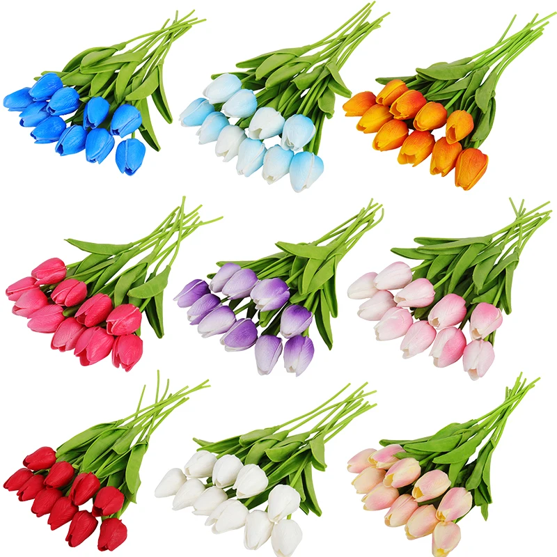 10pcs Artificial Flowers Real Touch Tulips Wedding Bouquets Flowers Fake PU Tulips for Wedding Decoration Home Garden Decor