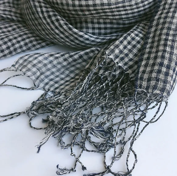 100% linen small plaid scaves summer spring japanese style crepe air conditional shawls black white check weaved pashmina wraps