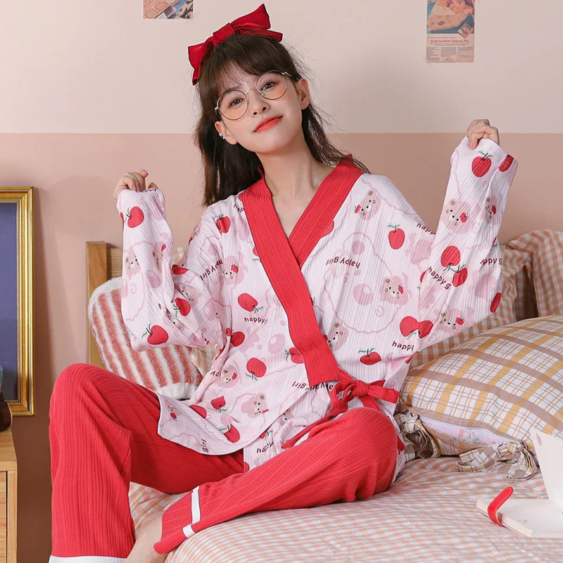 Japan Kimono Sleepwear Fashion Cardigan V-neck Women's Pajama Suit Plus Size Spring Female Clothing sets pijama feminino Freeshi