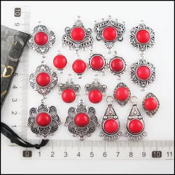 10mm Round Red Turquoise Stone Charms Connectors Teardrop Flower Eye Heart Tibetan Silver Plated Pendant Retro HCJBAB