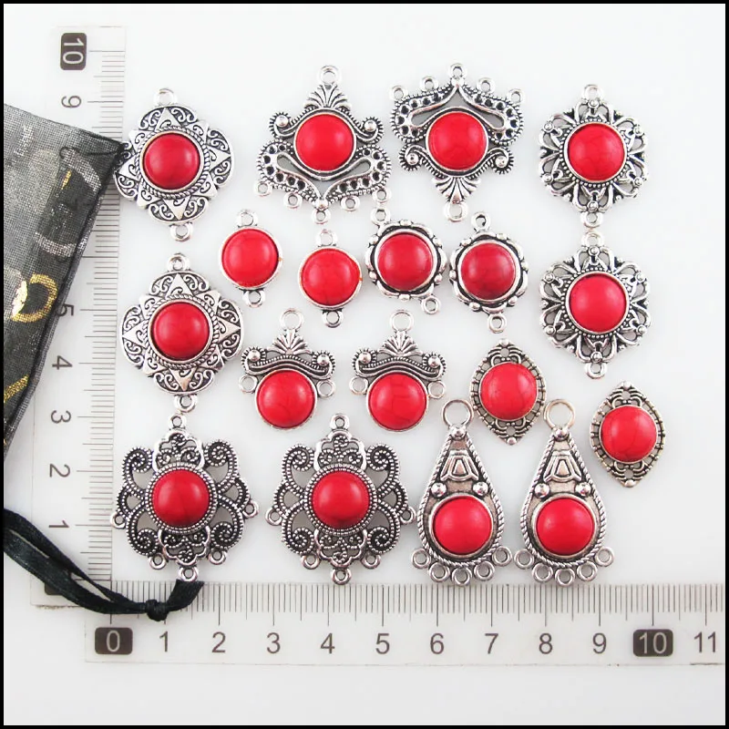 Zawieszki z czerwonego turkusu w kształcie okrągłym 10 mm, łączniki, łezka, kwiat, oko, serce, posrebrzane tybetańskie srebro, retro HCJBAB