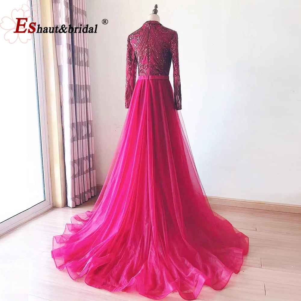 Elegante Moslim Dubai Avond Nacht Jurk Voor Vrouwen 2023 Hoge Hals Lange Mouwen Sequin A-lijn Formele Prom Wedding Party Jurken