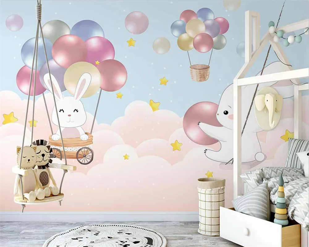 

beibehang Custom Nordic hand-painted colorful hot air balloon white papier peint rabbit children's room background wallpaper