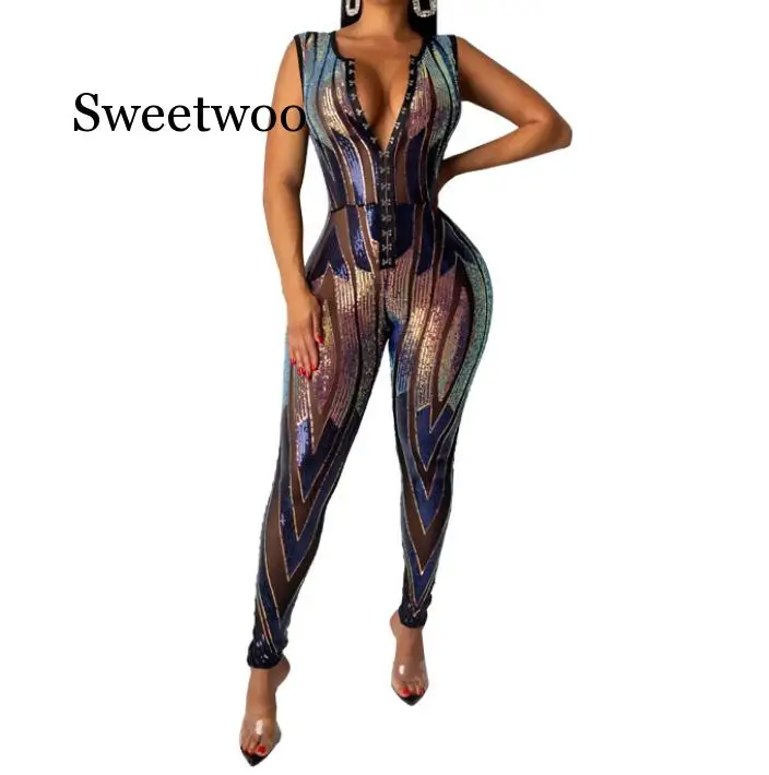 

Sexy Bodysuit Plus Size Positioning Sequin Jumpsuit Elastic V Neck Rompers Jumpsuits for Women 2020 Women Streetwear Overalls