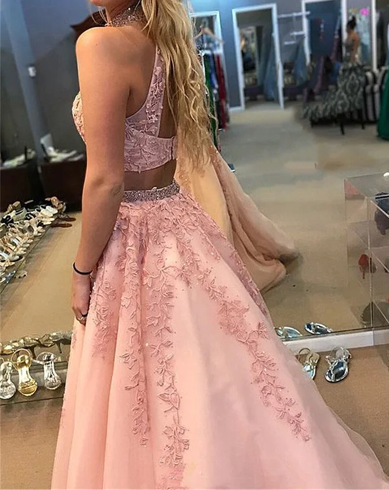 Flush Roze Prom Dress Applique Twee Stukken A-lijn Halter Kralen Tulle Elegante Mouwloze Illusion Avondjurk Вечернее Платье