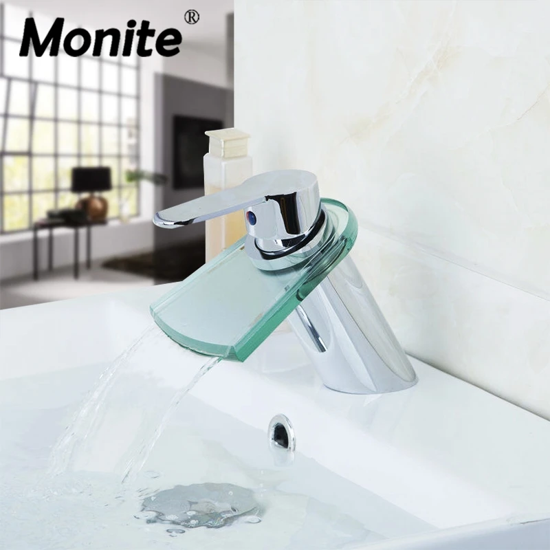 

Monite Transparent Glass Waterfall Wash Basin Tap 1 Handle Bathroom Chrome Deck Mount Sink Vessel Tap Mixer Faucet