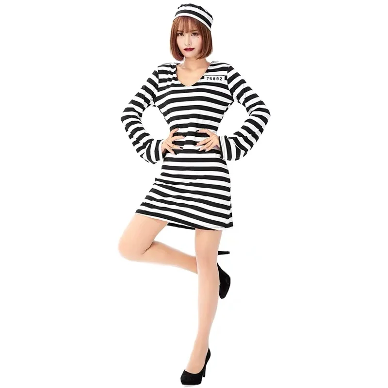 Black And White Stripes Female Prisoner Cosplay Women Halloween Prison Suit Costumes Carnival Purim Parade Role Play Party Dress